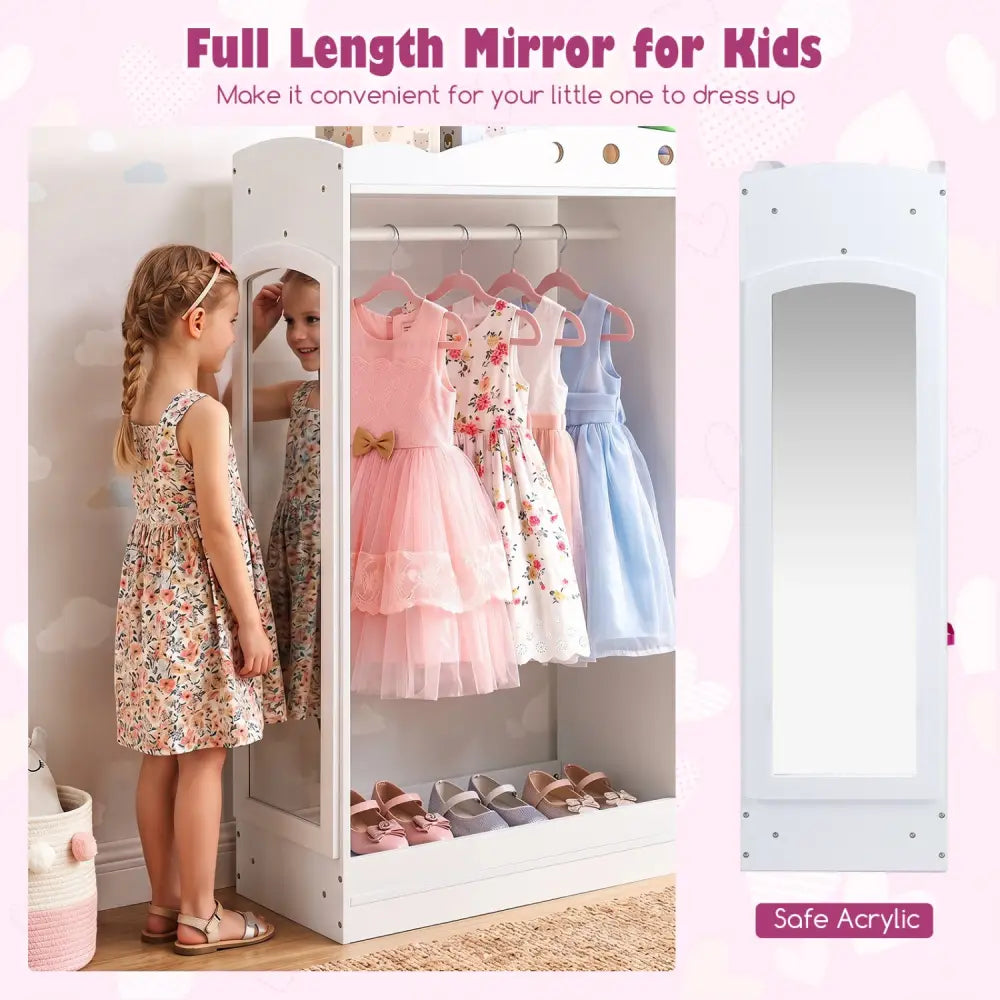 Kids Dress Up Storage with Full Length Mirror and Open Shelves- White - White - Kids Storage