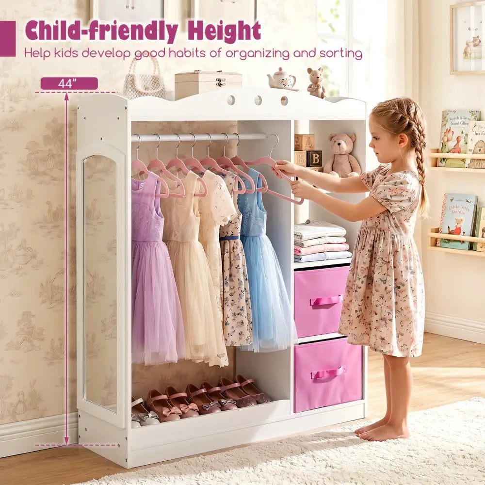 Kids Dress Up Storage with Full Length Mirror and Open Shelves- White - White - Kids Storage