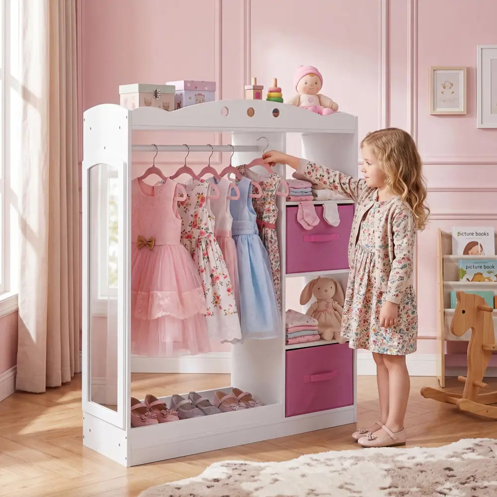 Kids Dress Up Storage with Full Length Mirror and Open Shelves- White - White - Kids Storage