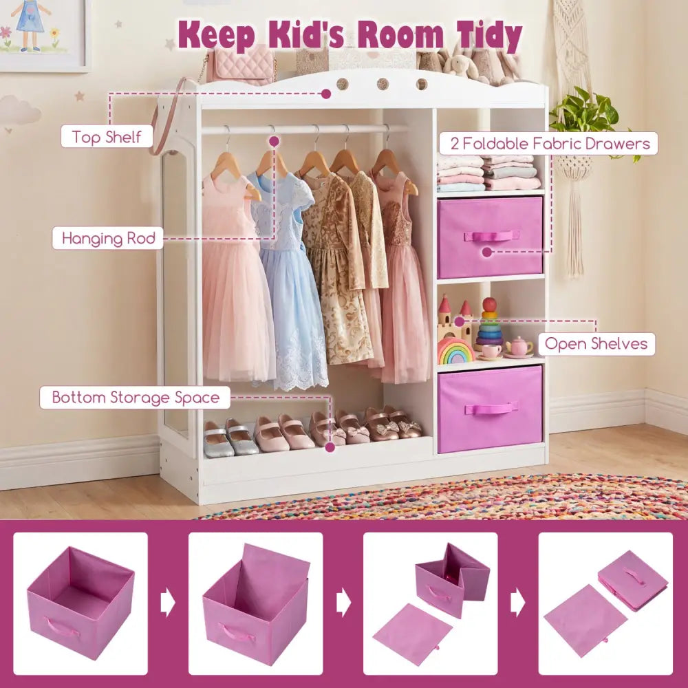 Kids Dress Up Storage with Full Length Mirror and Open Shelves- White - White - Kids Storage