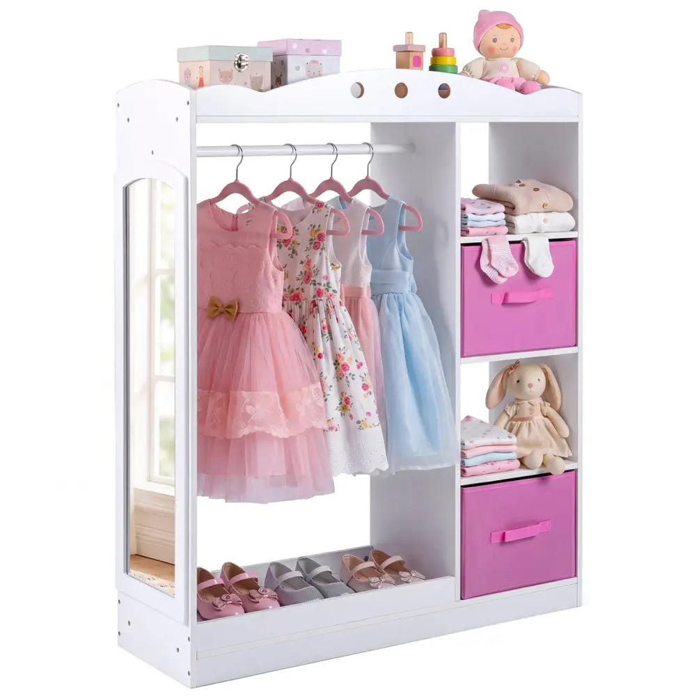 Kids Dress Up Storage with Full Length Mirror and Open Shelves- White - White - Kids Storage