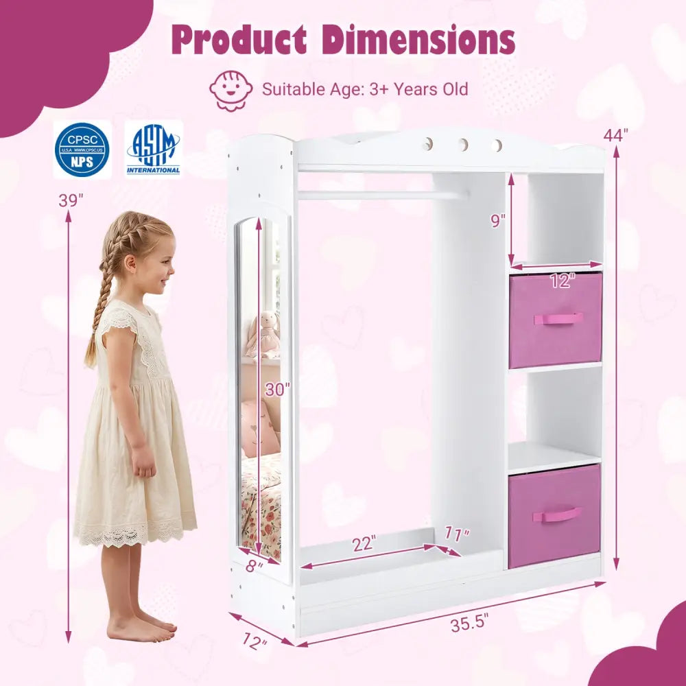 Kids Dress Up Storage with Full Length Mirror and Open Shelves- White - White - Kids Storage