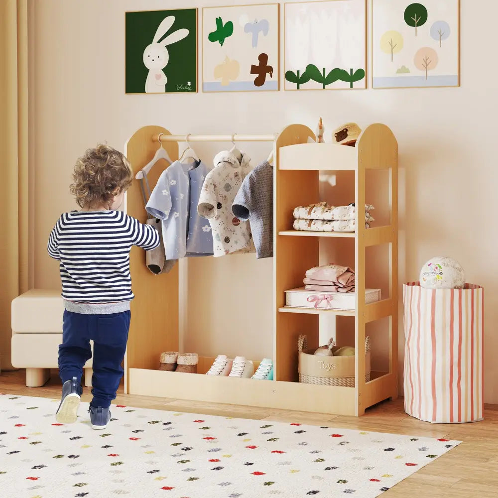 Kids Dress Up Storage with Mirror-Natural - Natural - Kids Storage