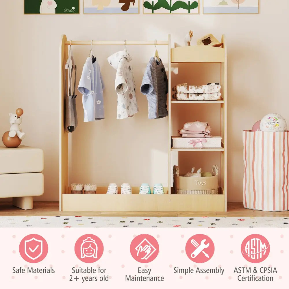 Kids Dress Up Storage with Mirror-Natural - Natural - Kids Storage