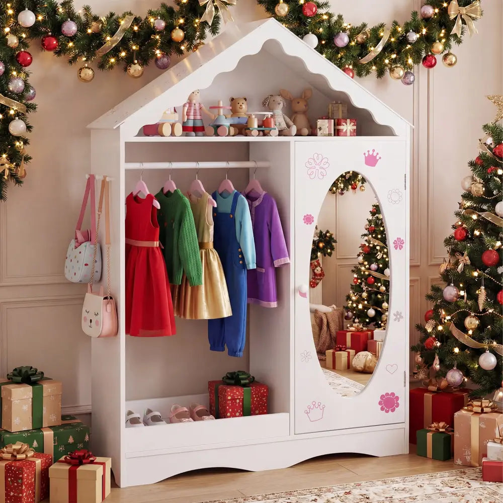 Kids Dress Up Storage with Mirror Roofed Wardrobe Closet with Open Hanging Rack-White - White - Kids Storage