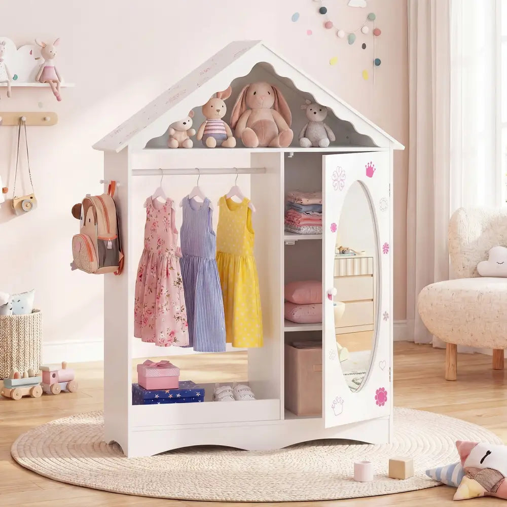 Kids Dress Up Storage with Mirror Roofed Wardrobe Closet with Open Hanging Rack-White - White - Kids Storage