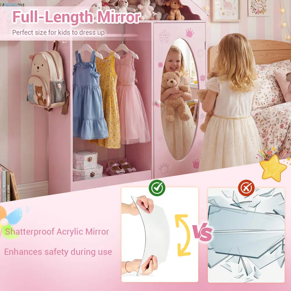 Kids Dress Up Storage with Mirror Roofed Wardrobe Closet with Open Hanging Rack-Pink - Pink - Kids Storage