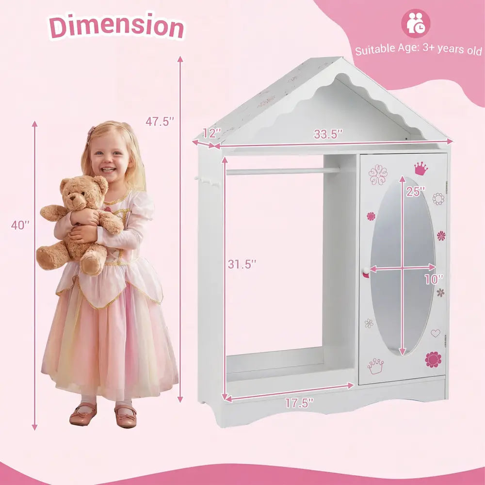 Kids Dress Up Storage with Mirror Roofed Wardrobe Closet with Open Hanging Rack-White - White - Kids Storage