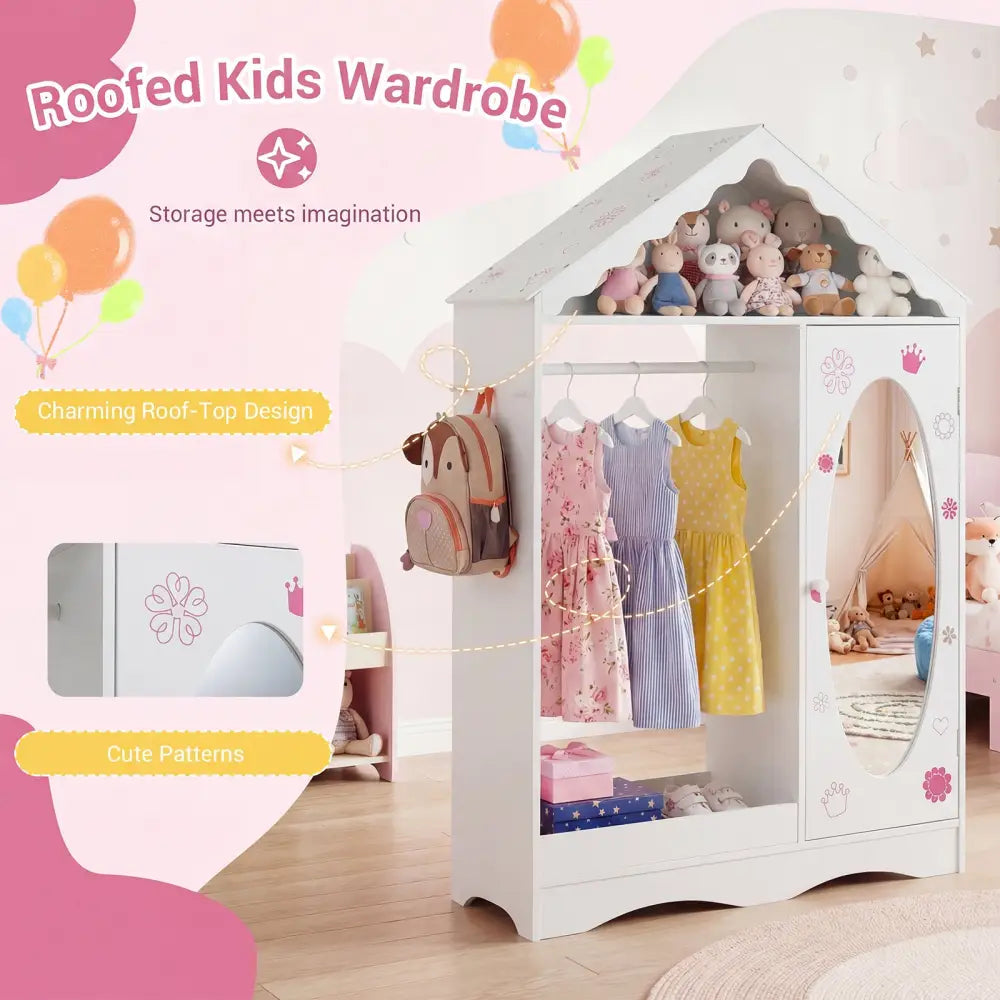 Kids Dress Up Storage with Mirror Roofed Wardrobe Closet with Open Hanging Rack-White - White - Kids Storage