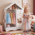 Kids Dress Up Storage with Mirror Roofed Wardrobe Closet with Open Hanging Rack-White - White - Kids Storage