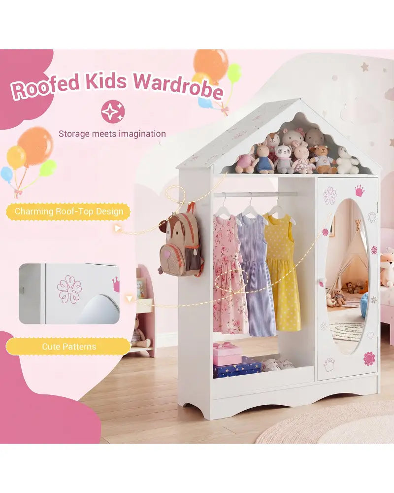 Kids Dress Up Storage with Mirror Roofed Wardrobe Closet with Open Hanging Rack-White - White - Kids Storage