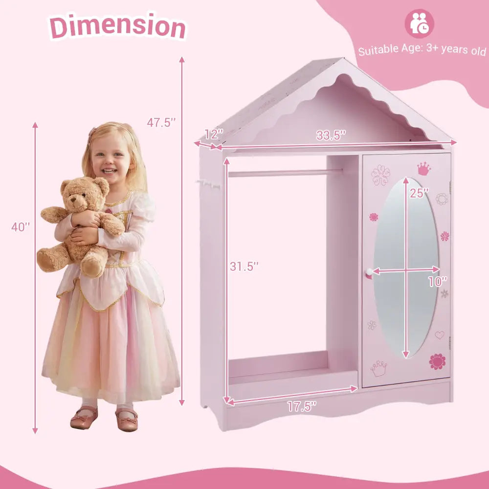 Kids Dress Up Storage with Mirror Roofed Wardrobe Closet with Open Hanging Rack-Pink - Pink - Kids Storage