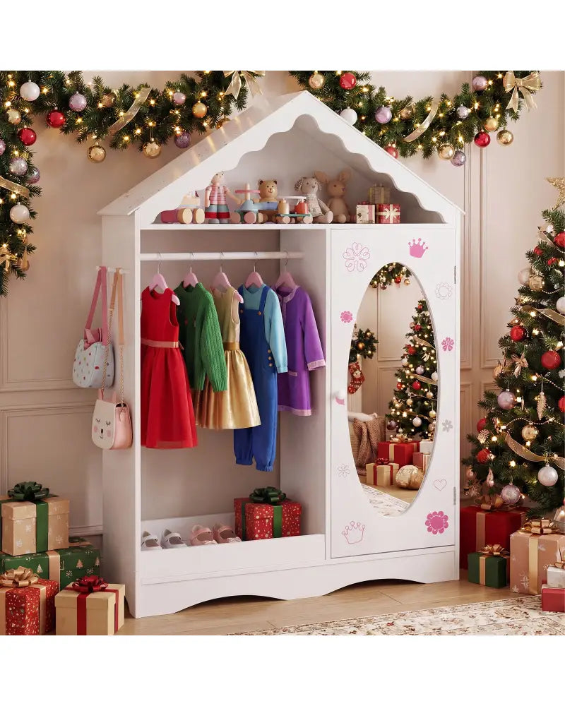 Kids Dress Up Storage with Mirror Roofed Wardrobe Closet with Open Hanging Rack-White - White - Kids Storage