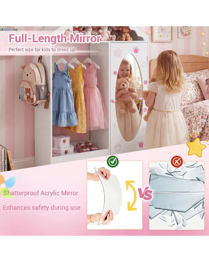 Kids Dress Up Storage with Mirror Roofed Wardrobe Closet with Open Hanging Rack-White - White - Kids Storage