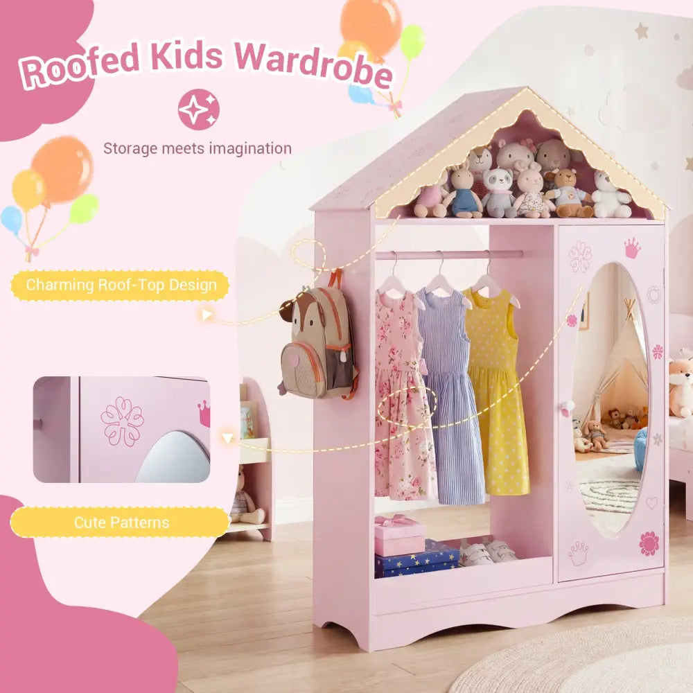 Kids Dress Up Storage with Mirror Roofed Wardrobe Closet with Open Hanging Rack-Pink - Pink - Kids Storage