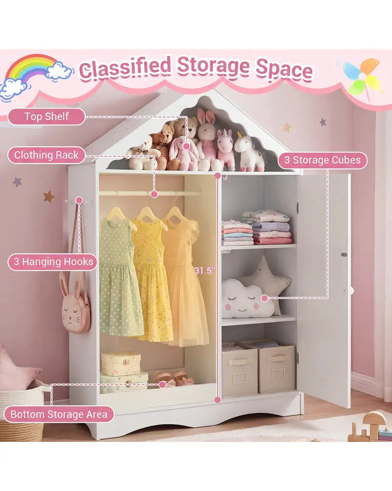 Kids Dress Up Storage with Mirror Roofed Wardrobe Closet with Open Hanging Rack-White - White - Kids Storage