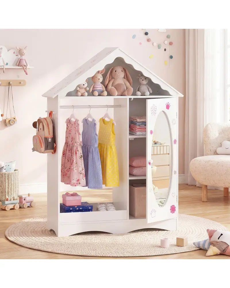 Kids Dress Up Storage with Mirror Roofed Wardrobe Closet with Open Hanging Rack-White - White - Kids Storage
