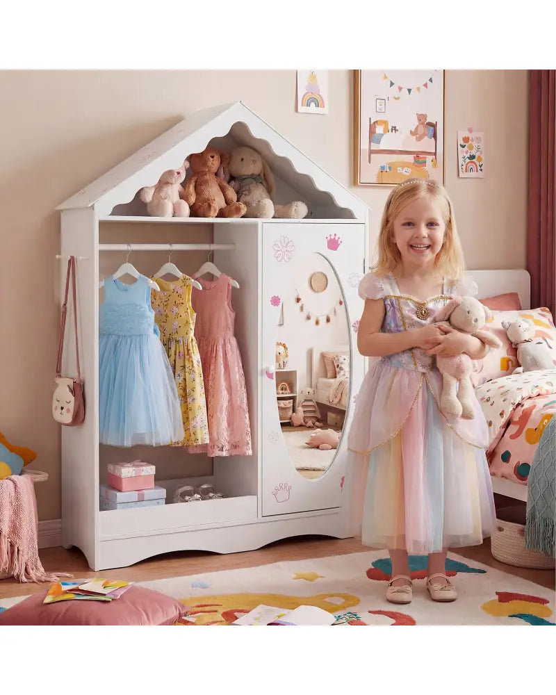 Kids Dress Up Storage with Mirror Roofed Wardrobe Closet with Open Hanging Rack-White - White - Kids Storage