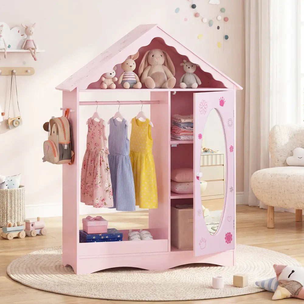 Kids Dress Up Storage with Mirror Roofed Wardrobe Closet with Open Hanging Rack-Pink - Pink - Kids Storage