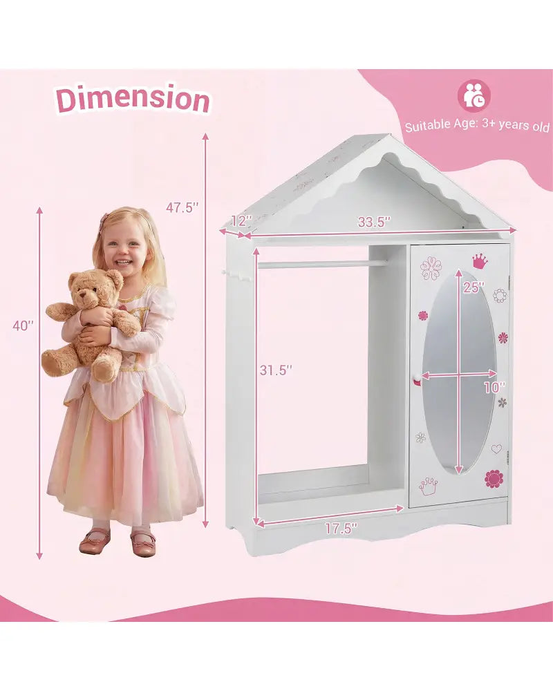 Kids Dress Up Storage with Mirror Roofed Wardrobe Closet with Open Hanging Rack-White - White - Kids Storage