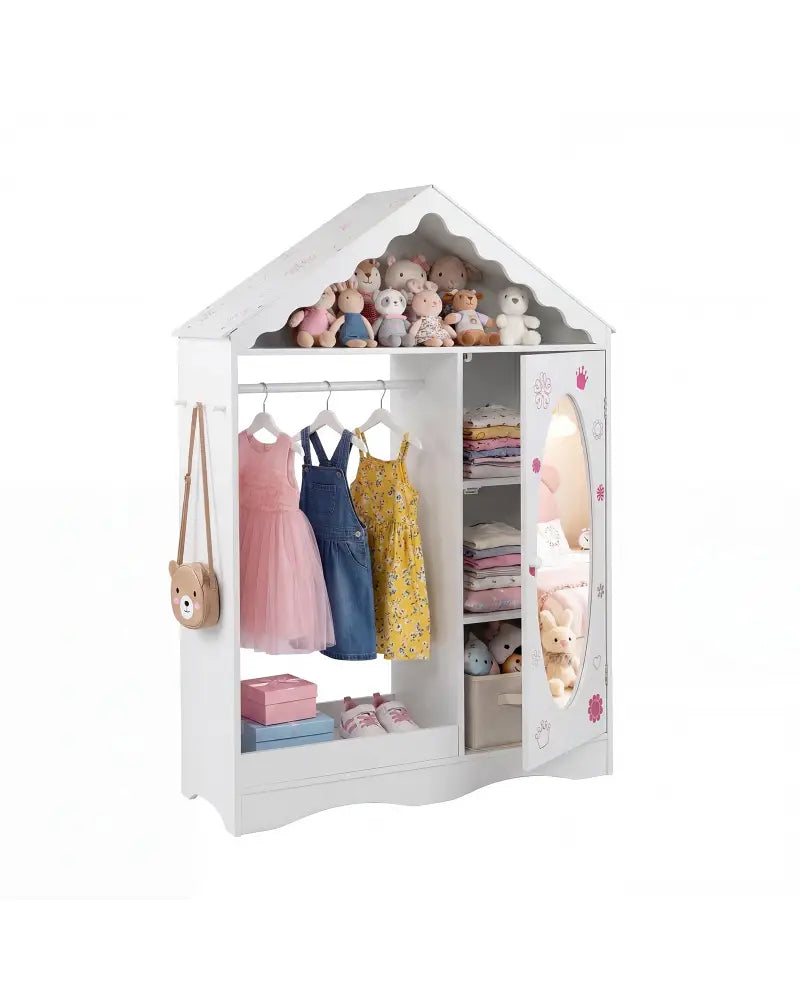 Kids Dress Up Storage with Mirror Roofed Wardrobe Closet with Open Hanging Rack-White - White - Kids Storage