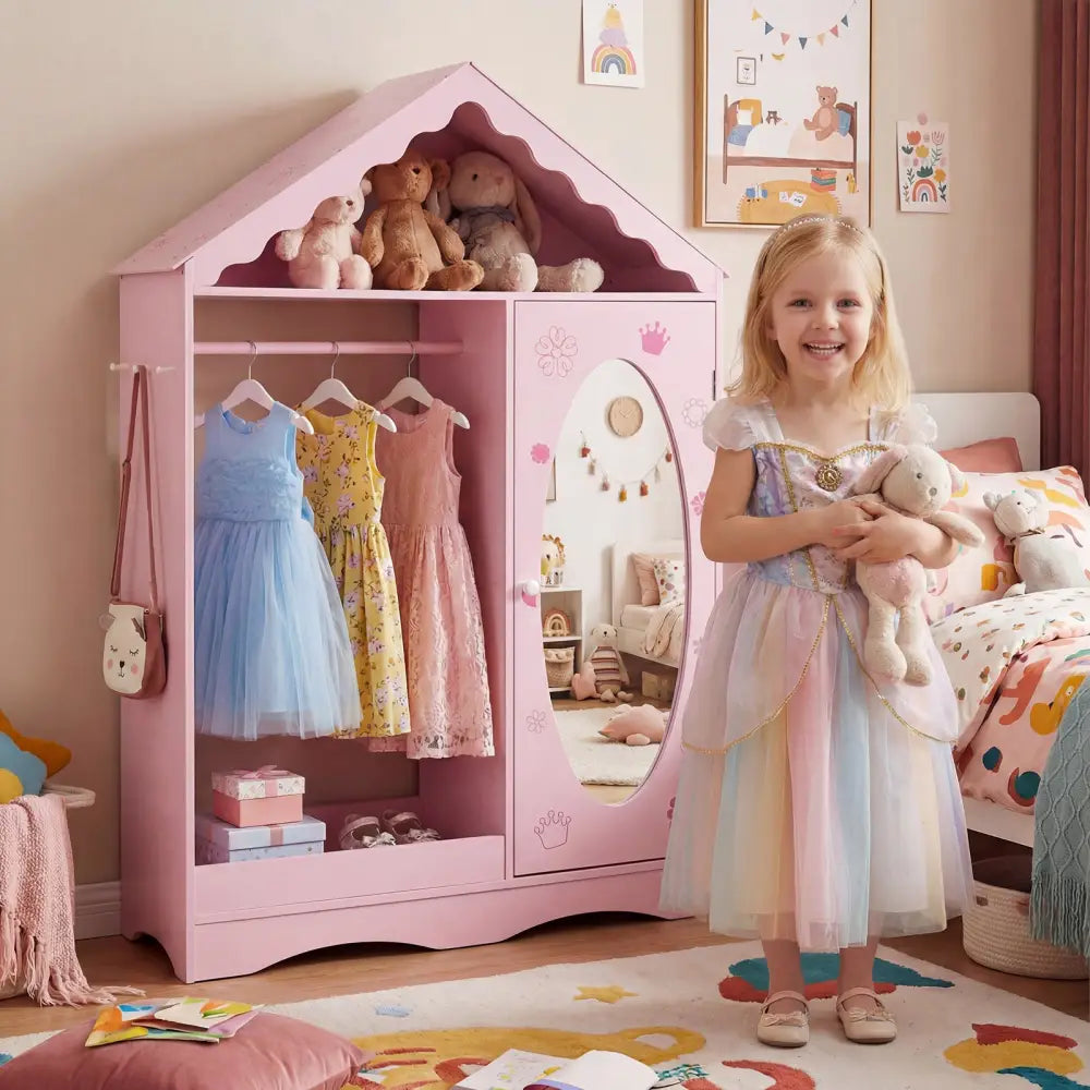 Kids Dress Up Storage with Mirror Roofed Wardrobe Closet with Open Hanging Rack-Pink - Pink - Kids Storage