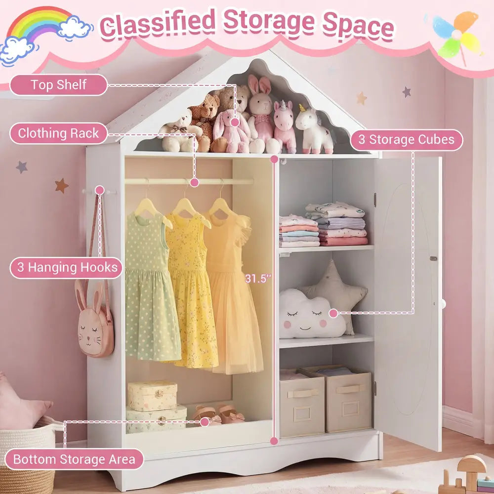 Kids Dress Up Storage with Mirror Roofed Wardrobe Closet with Open Hanging Rack-White - White - Kids Storage
