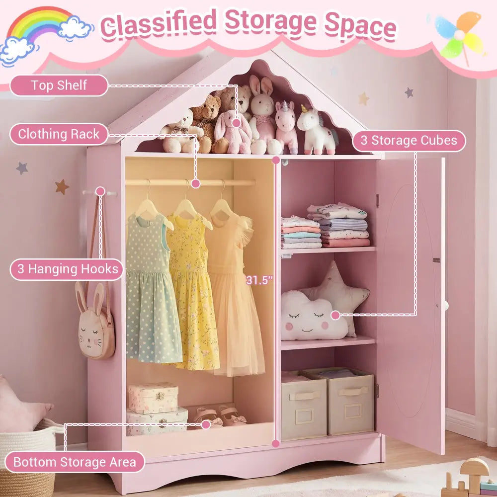 Kids Dress Up Storage with Mirror Roofed Wardrobe Closet with Open Hanging Rack-Pink - Pink - Kids Storage