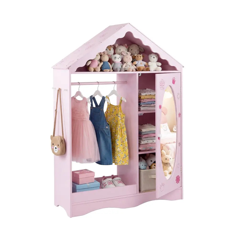 Kids Dress Up Storage with Mirror Roofed Wardrobe Closet with Open Hanging Rack-Pink - Pink - Kids Storage