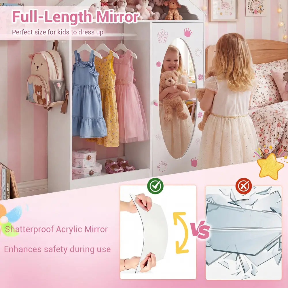 Kids Dress Up Storage with Mirror Roofed Wardrobe Closet with Open Hanging Rack-White - White - Kids Storage
