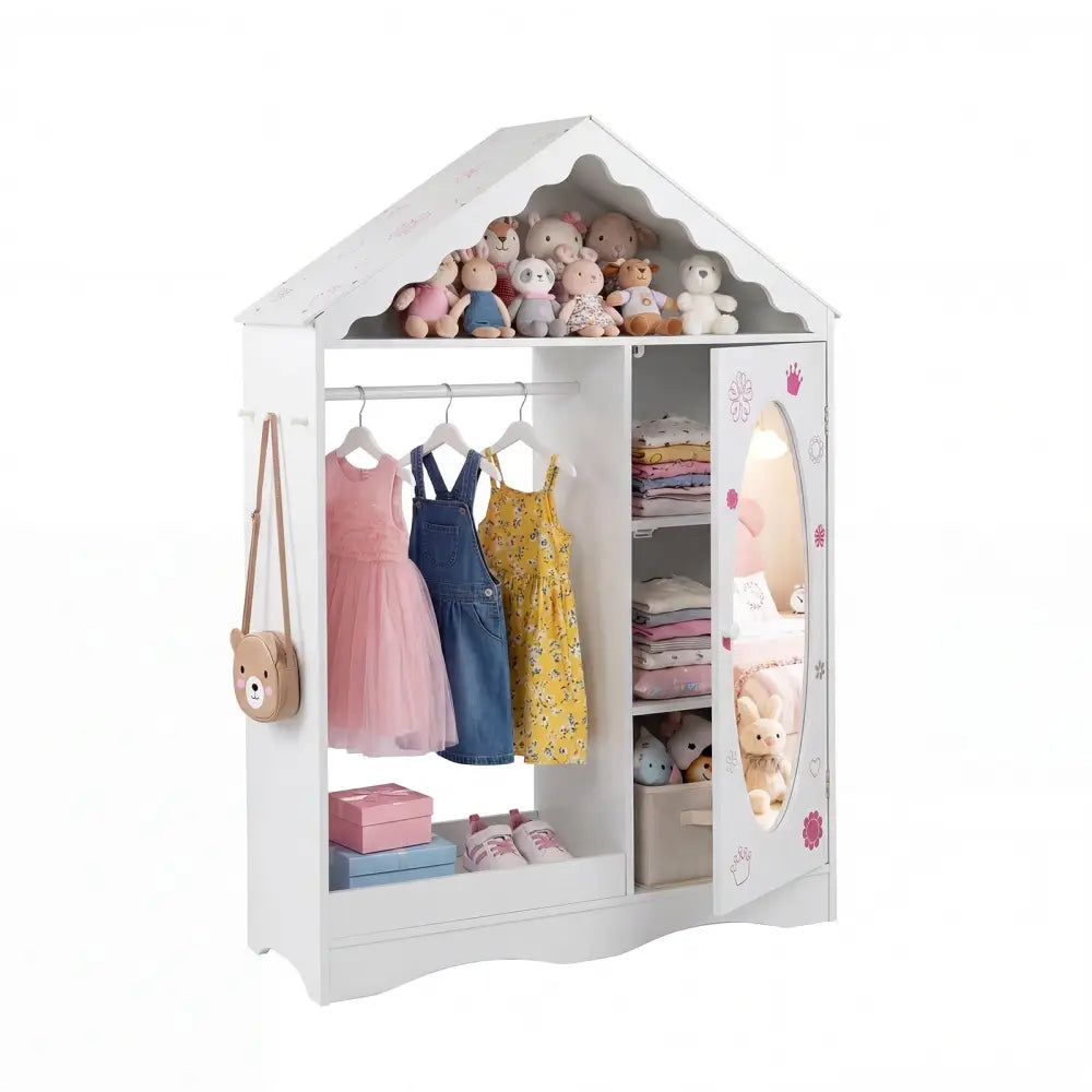 Kids Dress Up Storage with Mirror Roofed Wardrobe Closet with Open Hanging Rack-White - White - Kids Storage