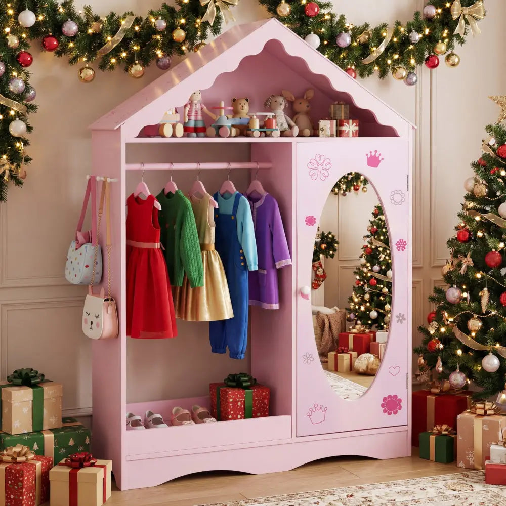 Kids Dress Up Storage with Mirror Roofed Wardrobe Closet with Open Hanging Rack-Pink - Pink - Kids Storage