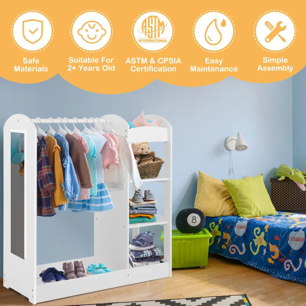 Kids Dress Up Storage with Mirror-White - White - Kids Storage