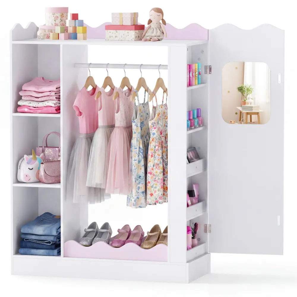 Kids Dress Up Storage with Mirrors and Hanging Rack and Shelves for Bedroom-Red - White & Pink - Kids Storage
