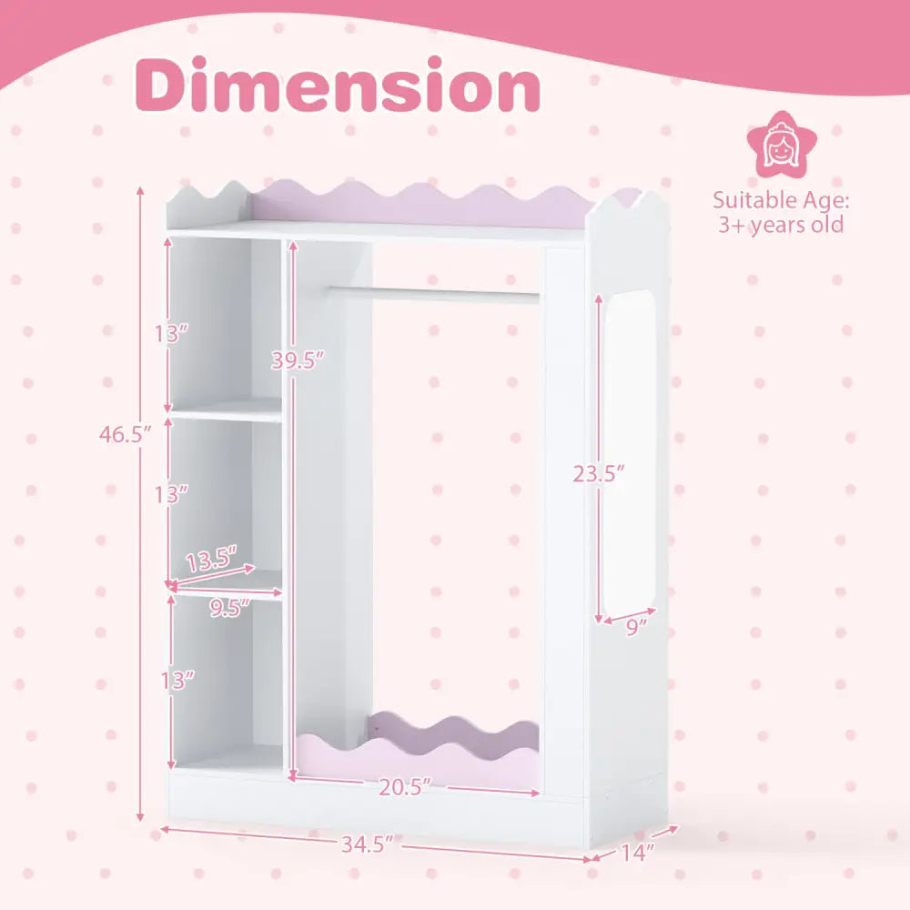 Kids Dress Up Storage with Mirrors and Hanging Rack and Shelves for Bedroom-Red - White & Pink - Kids Storage