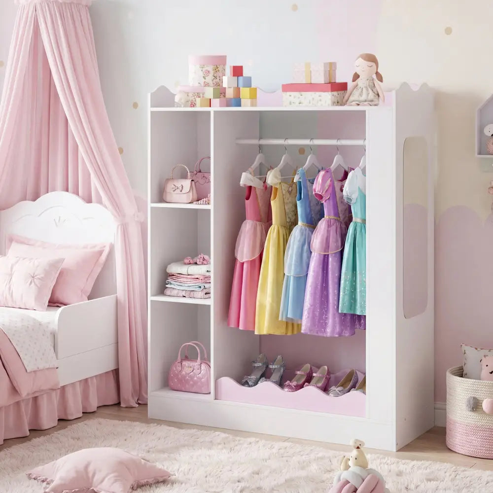 Kids Dress Up Storage with Mirrors and Hanging Rack and Shelves for Bedroom-Red - White & Pink - Kids Storage
