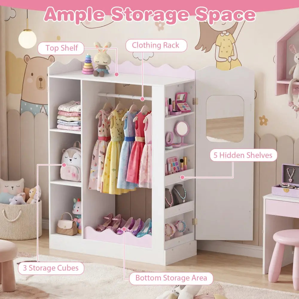 Kids Dress Up Storage with Mirrors and Hanging Rack and Shelves for Bedroom-Red - White & Pink - Kids Storage