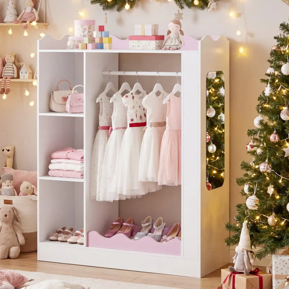 Kids Dress Up Storage with Mirrors and Hanging Rack and Shelves for Bedroom-Red - White & Pink - Kids Storage