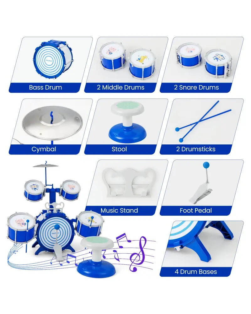 Kids Drum Set Educational Percussion Musical Instrument Toy with Bass Drum-Blue - Blue - Musical Toys
