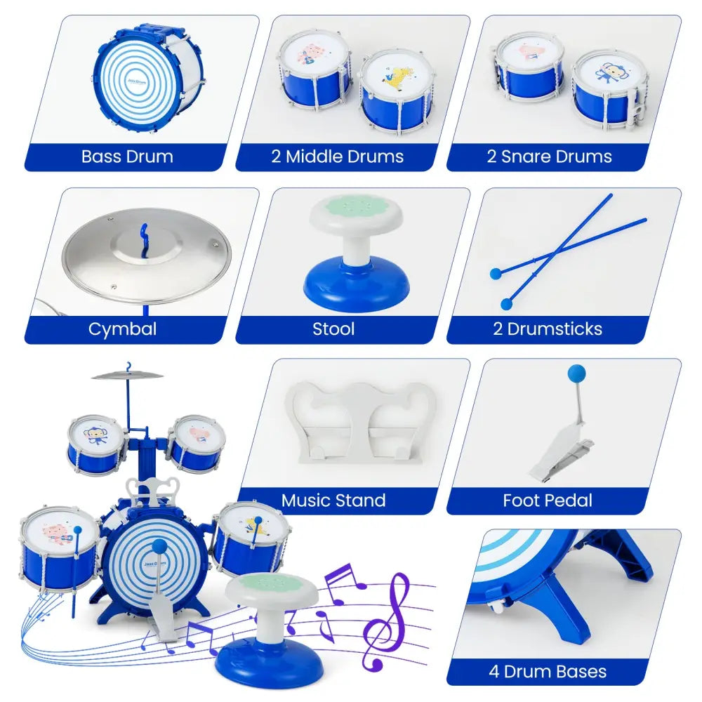 Kids Drum Set Educational Percussion Musical Instrument Toy with Bass Drum-Blue - Blue - Musical Toys