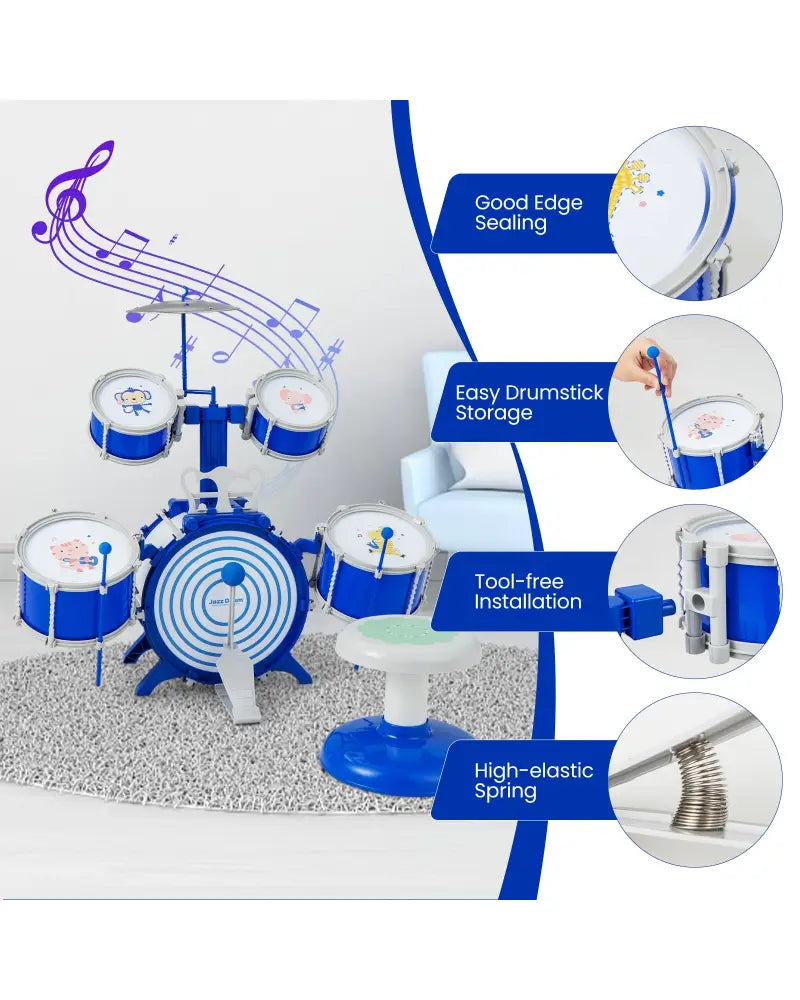 Kids Drum Set Educational Percussion Musical Instrument Toy with Bass Drum-Blue - Blue - Musical Toys