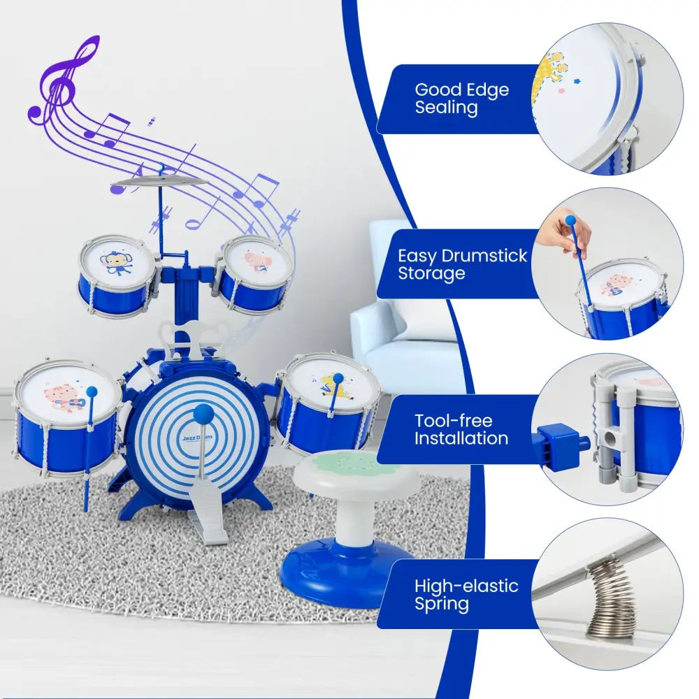 Kids Drum Set Educational Percussion Musical Instrument Toy with Bass Drum-Blue - Blue - Musical Toys