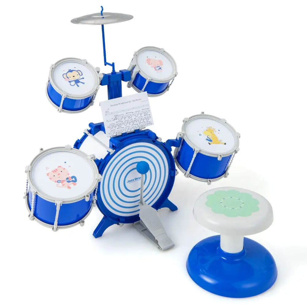 Kids Drum Set Educational Percussion Musical Instrument Toy with Bass Drum-Blue - Blue - Musical Toys