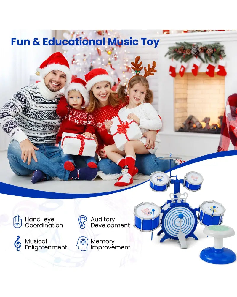 Kids Drum Set Educational Percussion Musical Instrument Toy with Bass Drum-Blue - Blue - Musical Toys