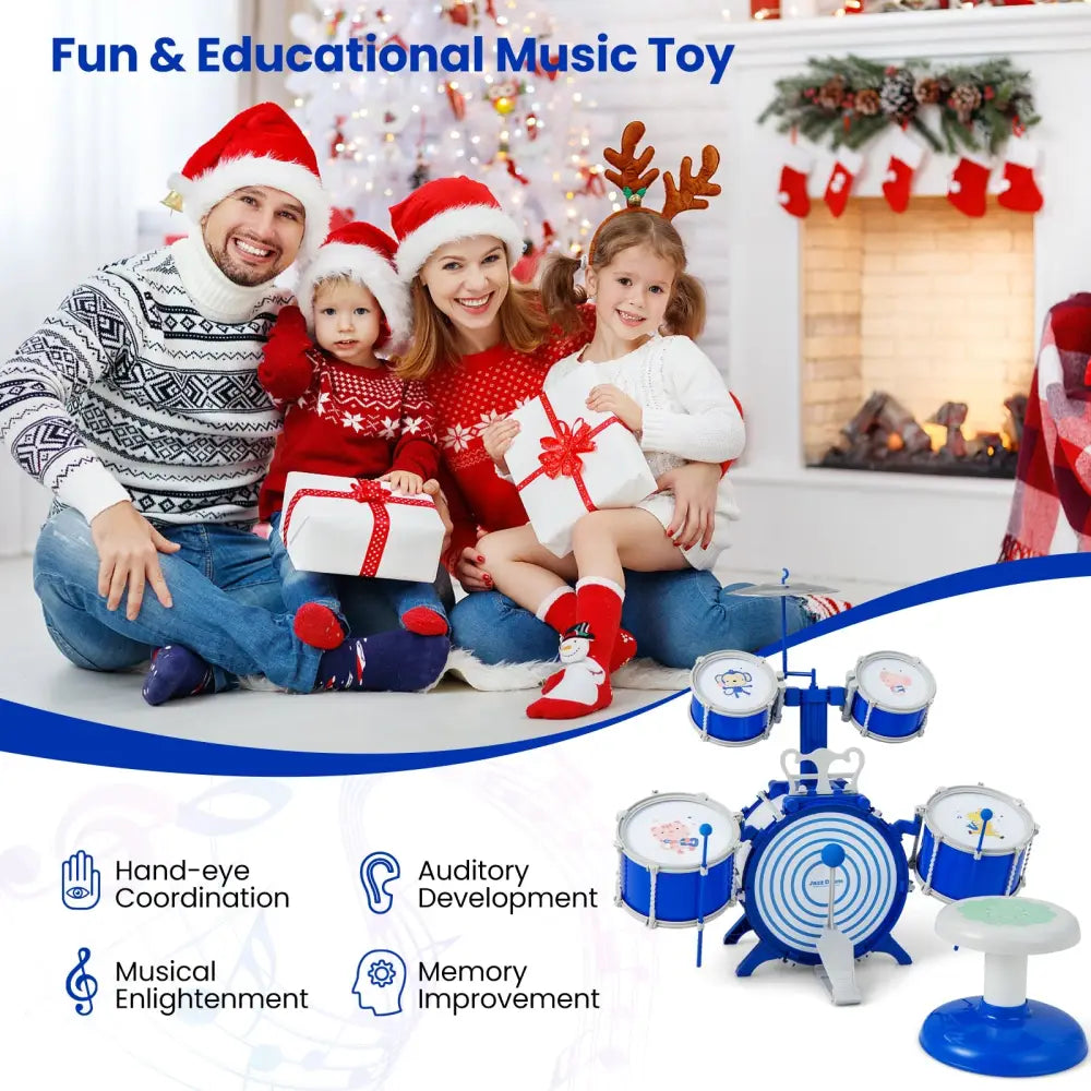 Kids Drum Set Educational Percussion Musical Instrument Toy with Bass Drum-Blue - Blue - Musical Toys