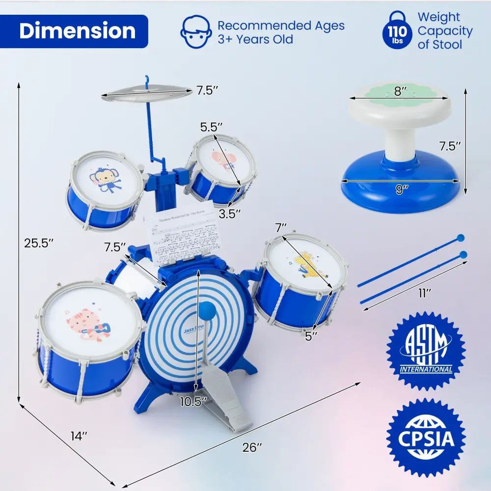 Kids Drum Set Educational Percussion Musical Instrument Toy with Bass Drum-Blue - Blue - Musical Toys