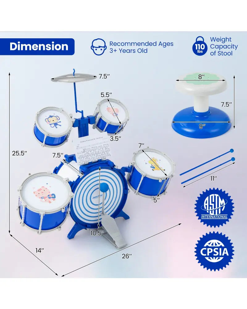 Kids Drum Set Educational Percussion Musical Instrument Toy with Bass Drum-Blue - Blue - Musical Toys