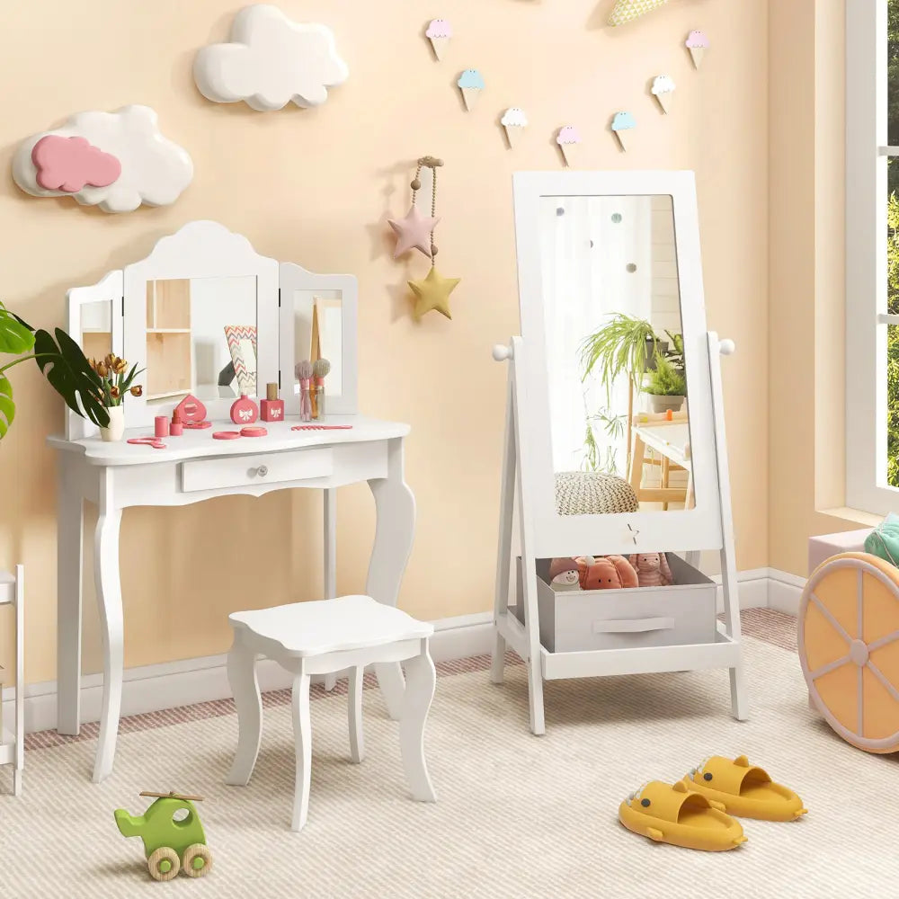 Kids Full Length Mirror 360 Degree Rotatable Dressing Mirror with Storage Bin-White - White - Kids Vanities