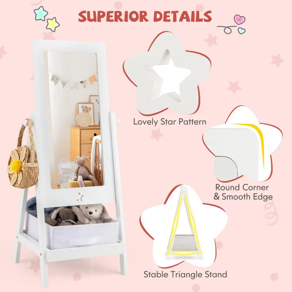 Kids Full Length Mirror 360 Degree Rotatable Dressing Mirror with Storage Bin-White - White - Kids Vanities