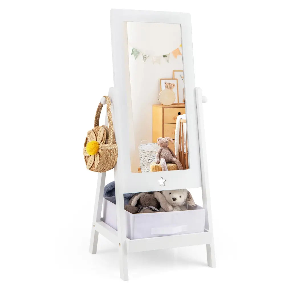Kids Full Length Mirror 360 Degree Rotatable Dressing Mirror with Storage Bin-White - White - Kids Vanities